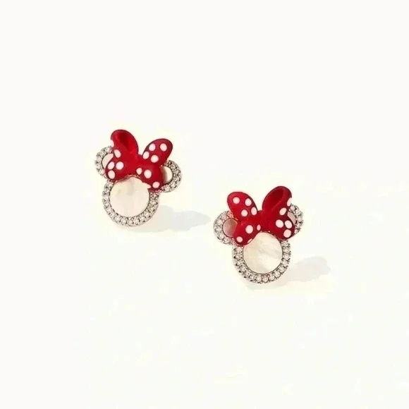 Minnie Mouse Disney World Gold Diamond Polka Dot Red Cute Mini Stud Earrings - Picture 4 of 6